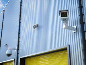 Security cameras protecting a warehouse by acting as a visible deterrent and capturing criminal evidence in the event of a break in.