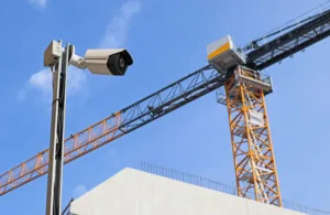 A security camera sits perched on a pole on a construction site.