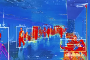 Heat map of people walking through an airport terminal. The camera identified each person with a white box.